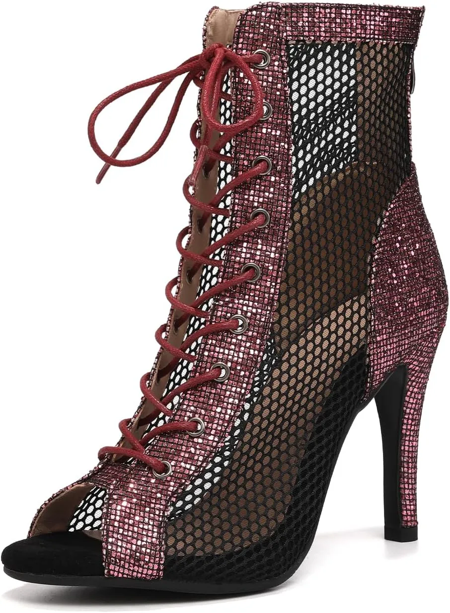 SWDZM Women Latin Dance Boots Ankle Open Toe Ballroom Salsa Professional Dancing Heels
