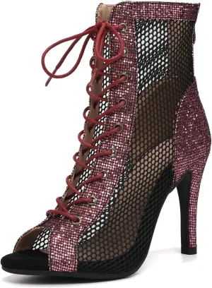 SWDZM Women Latin Dance Boots Ankle Open Toe Ballroom Salsa Professional Dancing Heels