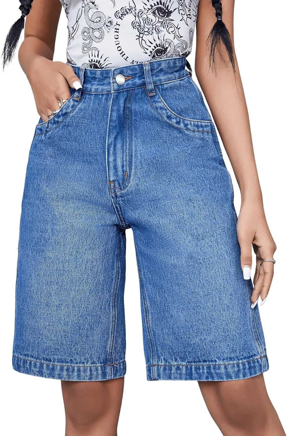 SweatyRocks Women's Casual High Rise Jean Shorts Straight Leg Zip Up Bermuda Denim Shorts