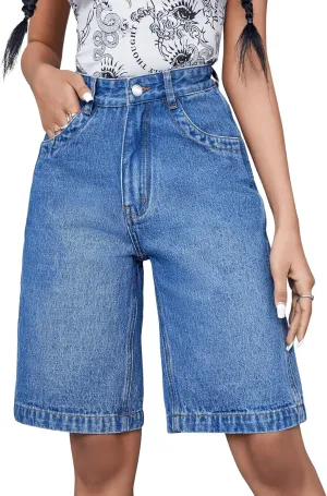 SweatyRocks Women's Casual High Rise Jean Shorts Straight Leg Zip Up Bermuda Denim Shorts