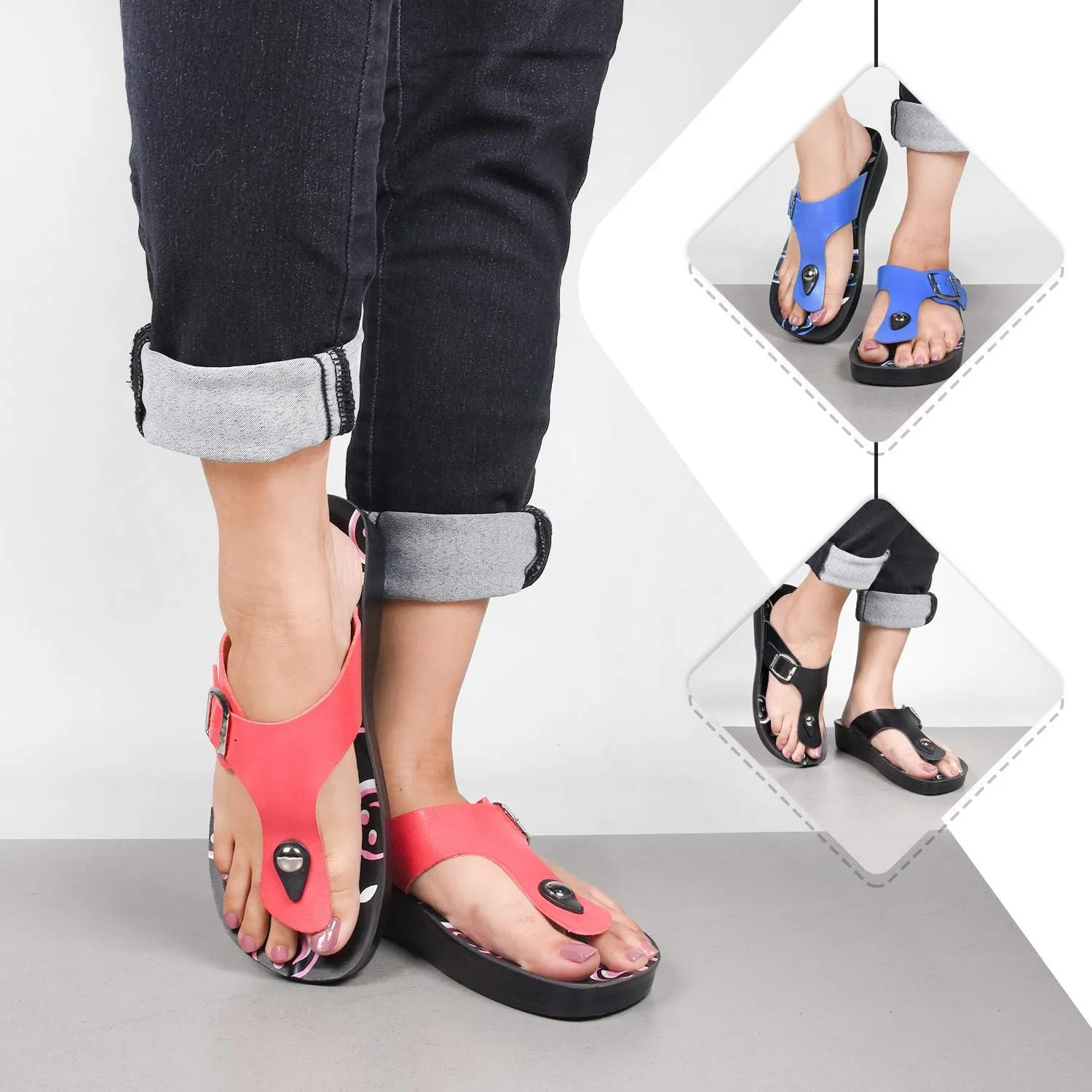 T-Bar Buckle Strap Sandals Flip Flop Slides for Women