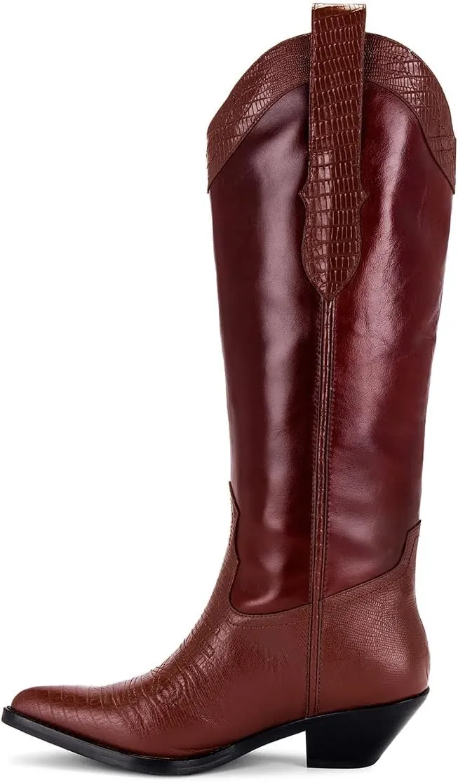 Tang'scuisins Women Modern Closed Pointed Toe Knee High Boots Chunky Mid Heel Pull on Riding Boots Casual Outdoor Dress Office Cowboy Boots Size 4-16 US