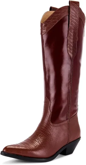 Tang'scuisins Women Modern Closed Pointed Toe Knee High Boots Chunky Mid Heel Pull on Riding Boots Casual Outdoor Dress Office Cowboy Boots Size 4-16 US