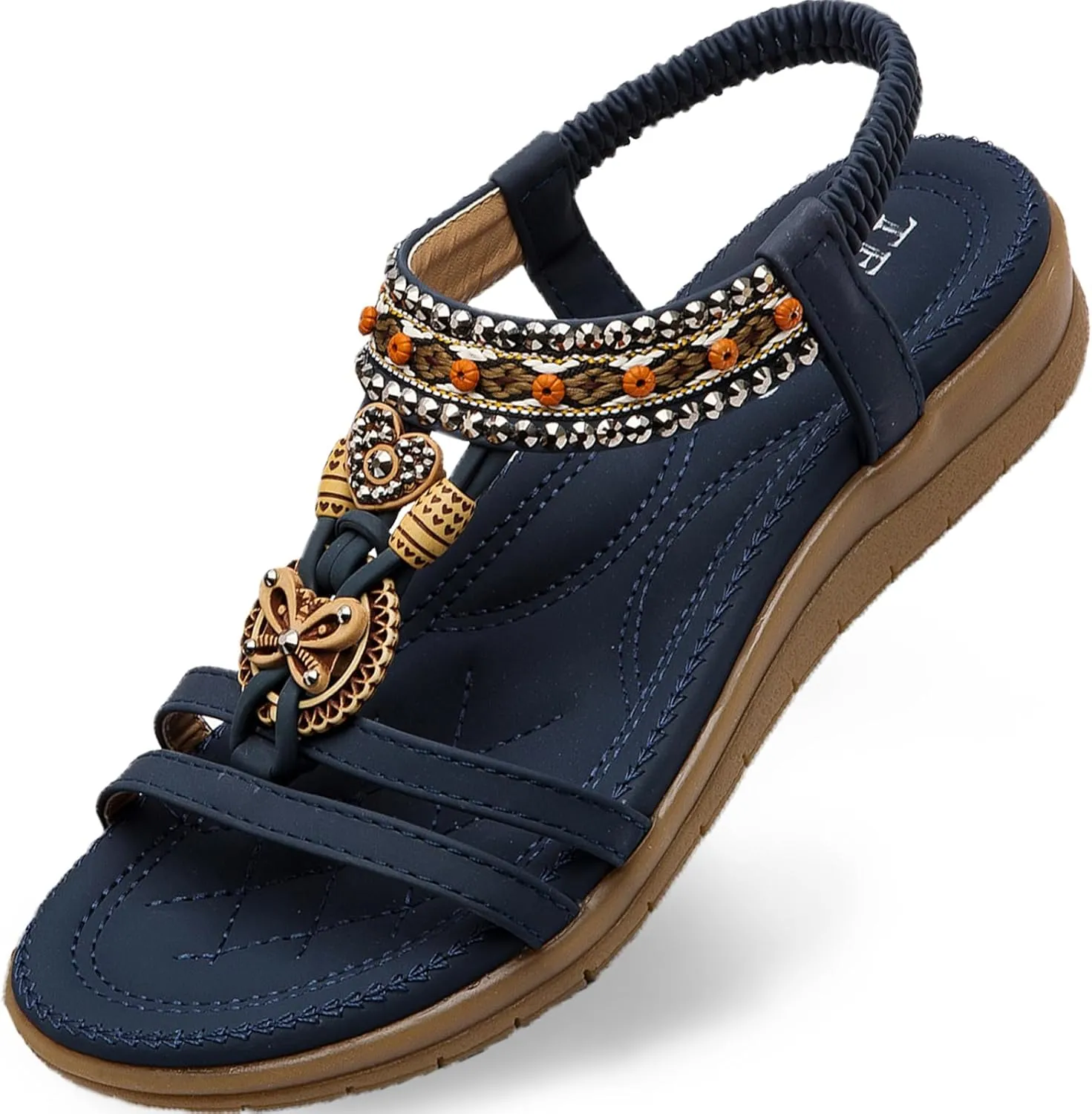 TETSUO Women Sandals Walking Flats Summer Beach Sandals Arch Support Casual Dressy Shoes for Women Elastic Ankle Strap Jeweled Bohemian Shoes