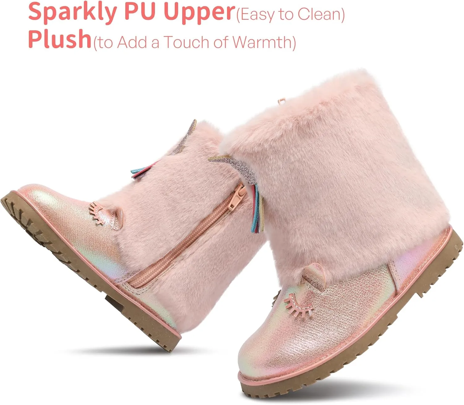Toddler Girls Boots Fuzzy Glitter Cute Animal Side Zipper Mid Calf Boot Warm Outdoor Non-Slip Shoes for Little Kids