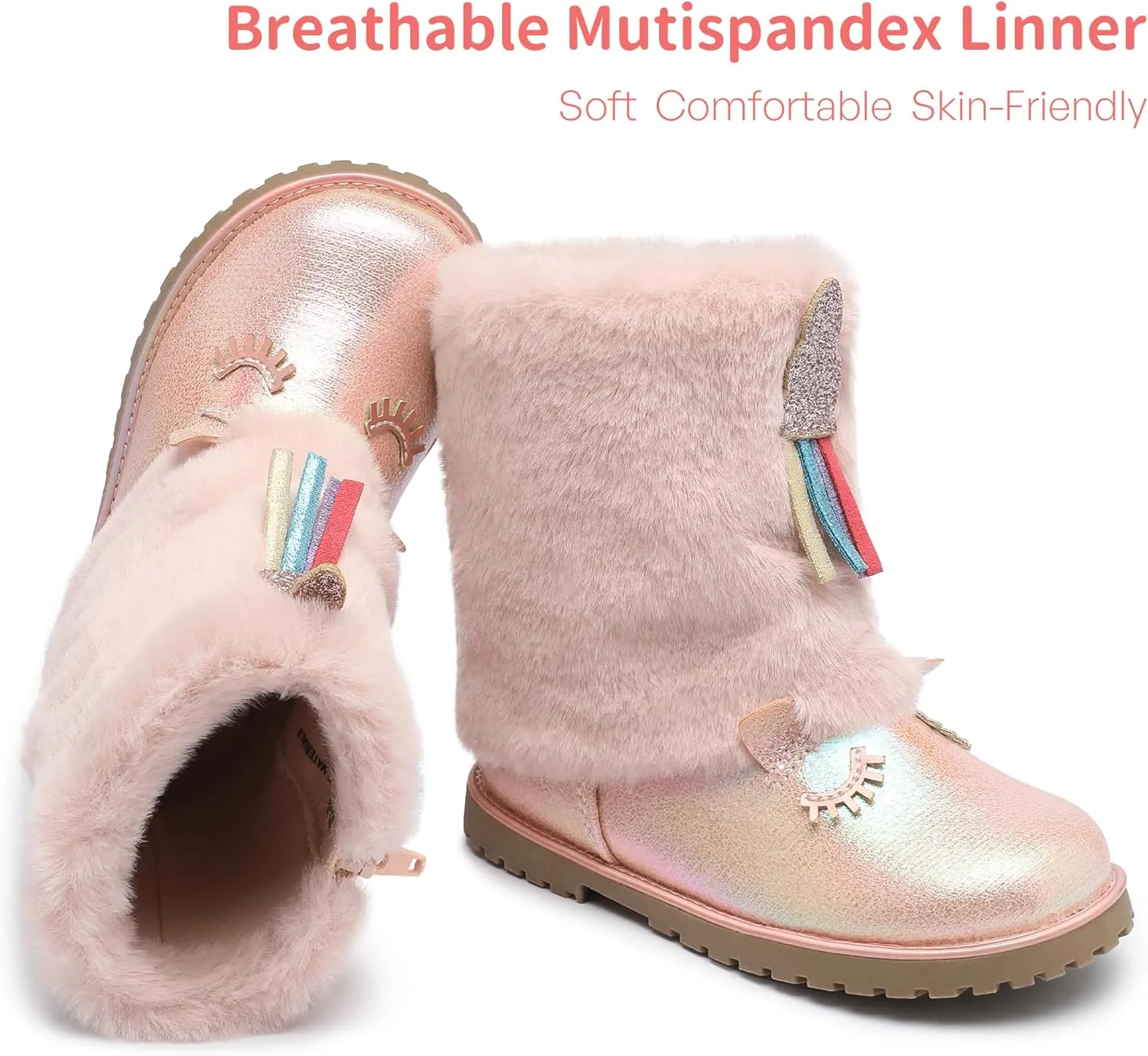 Toddler Girls Boots Fuzzy Glitter Cute Animal Side Zipper Mid Calf Boot Warm Outdoor Non-Slip Shoes for Little Kids