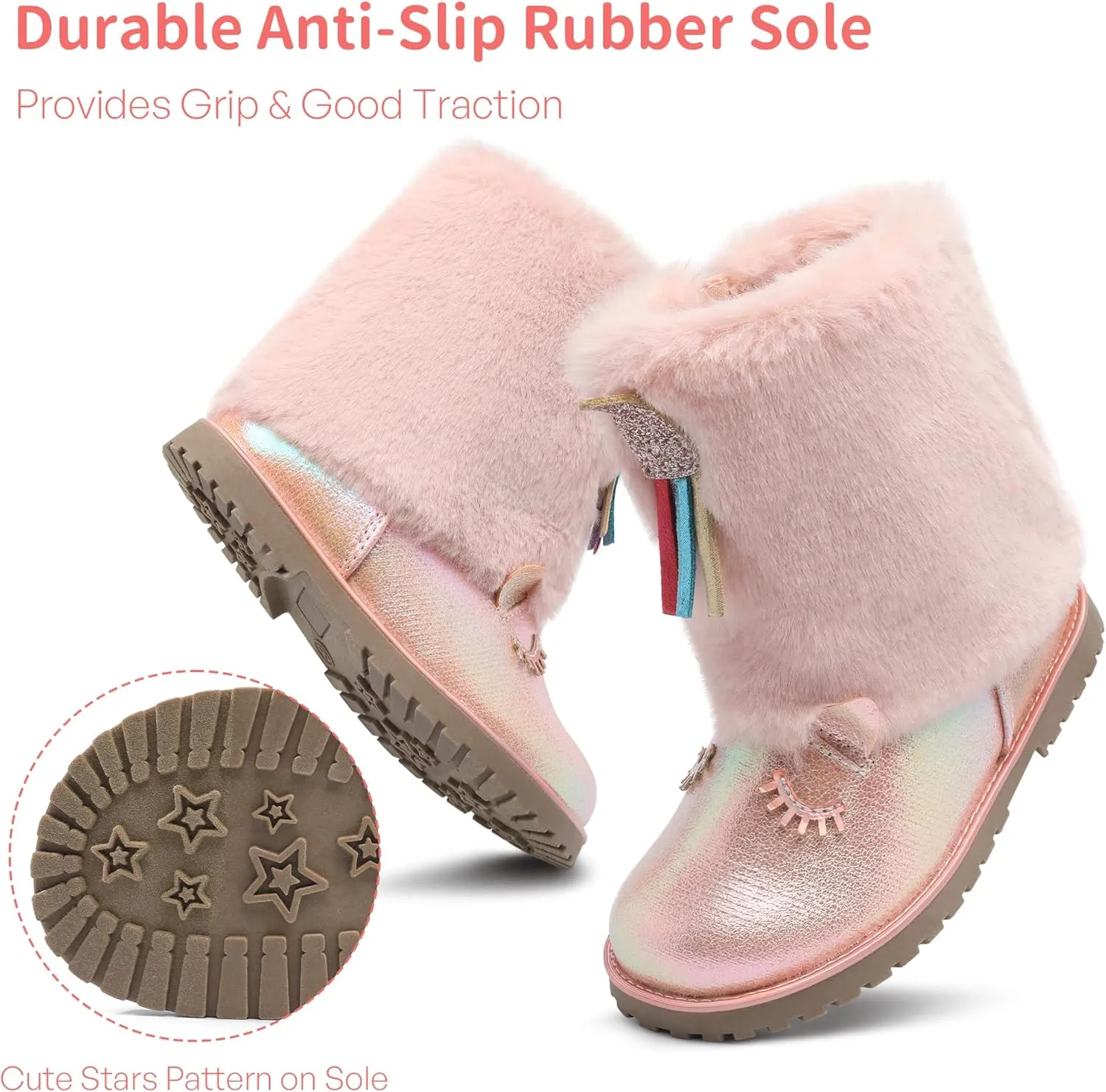 Toddler Girls Boots Fuzzy Glitter Cute Animal Side Zipper Mid Calf Boot Warm Outdoor Non-Slip Shoes for Little Kids