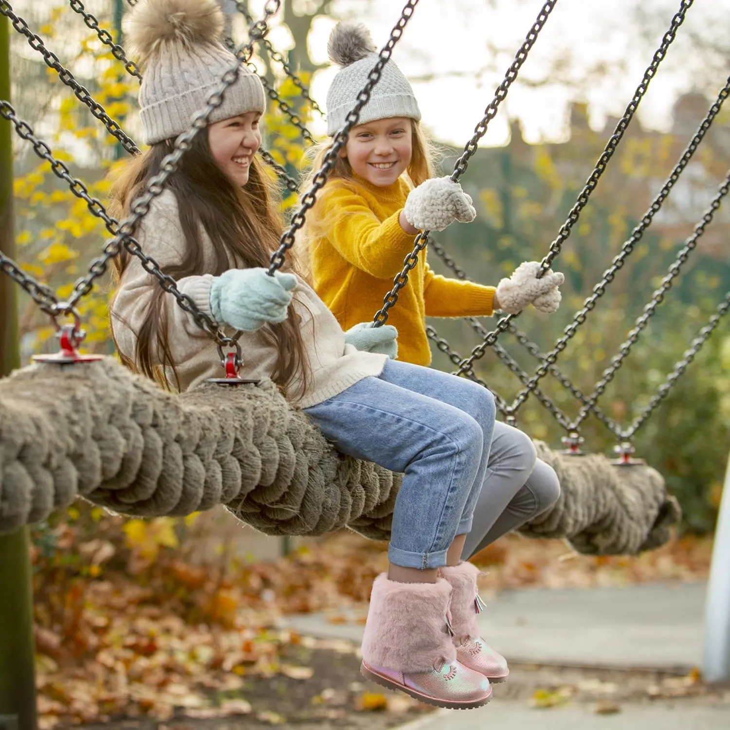 Toddler Girls Boots Fuzzy Glitter Cute Animal Side Zipper Mid Calf Boot Warm Outdoor Non-Slip Shoes for Little Kids