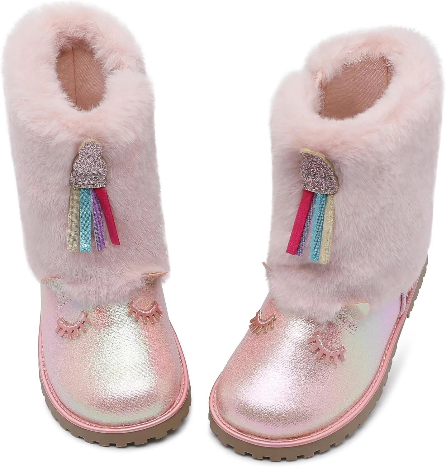 Toddler Girls Boots Fuzzy Glitter Cute Animal Side Zipper Mid Calf Boot Warm Outdoor Non-Slip Shoes for Little Kids