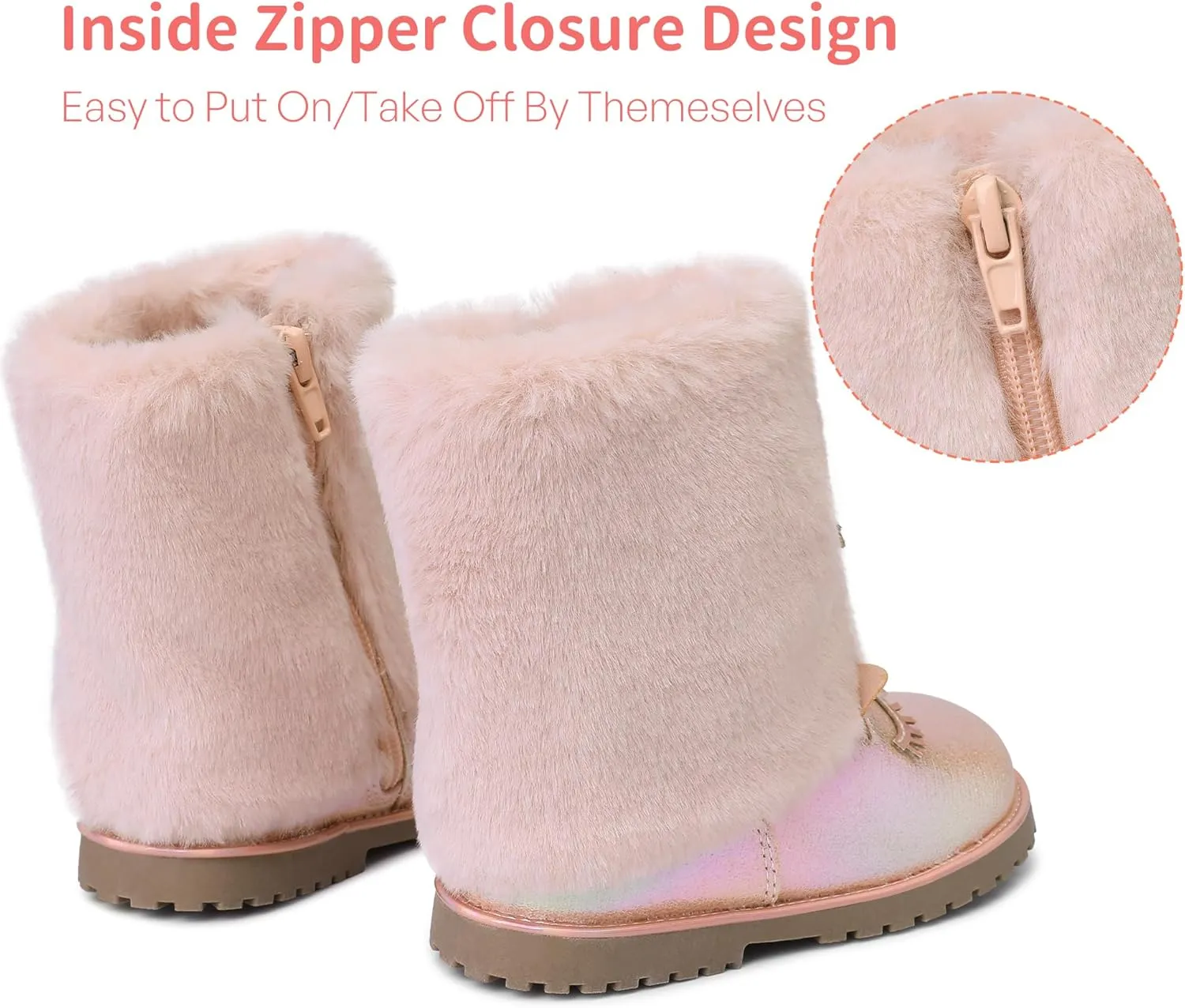 Toddler Girls Boots Fuzzy Glitter Cute Animal Side Zipper Mid Calf Boot Warm Outdoor Non-Slip Shoes for Little Kids