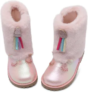 Toddler Girls Boots Fuzzy Glitter Cute Animal Side Zipper Mid Calf Boot Warm Outdoor Non-Slip Shoes for Little Kids