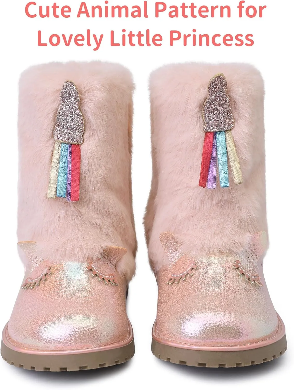 Toddler Girls Boots Fuzzy Glitter Cute Animal Side Zipper Mid Calf Boot Warm Outdoor Non-Slip Shoes for Little Kids