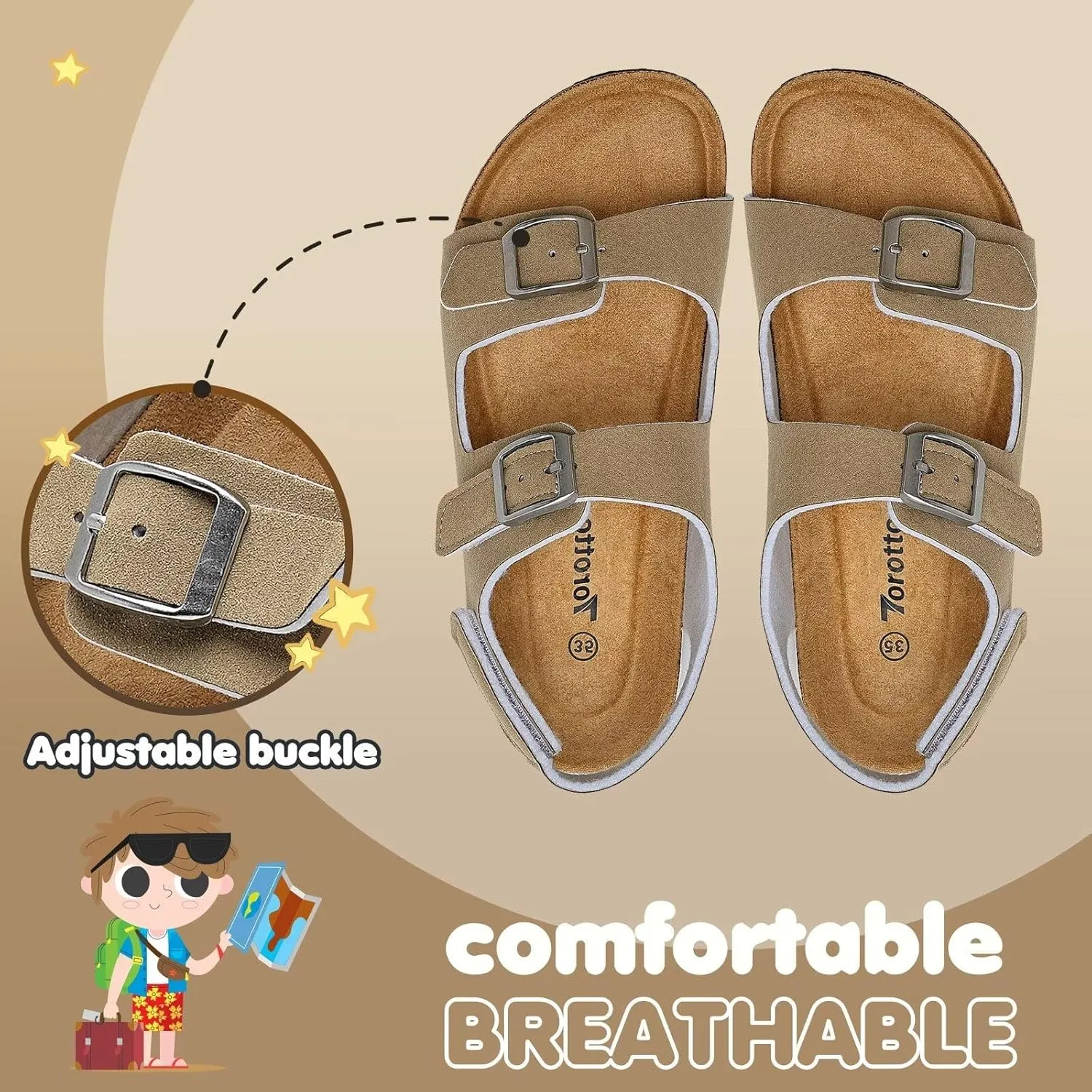 Torotto Girls Boys Sandals with Cork Footbed Adjustable Buckle Casual Slides Sandals Open Toes Flat for Kids Toddler
