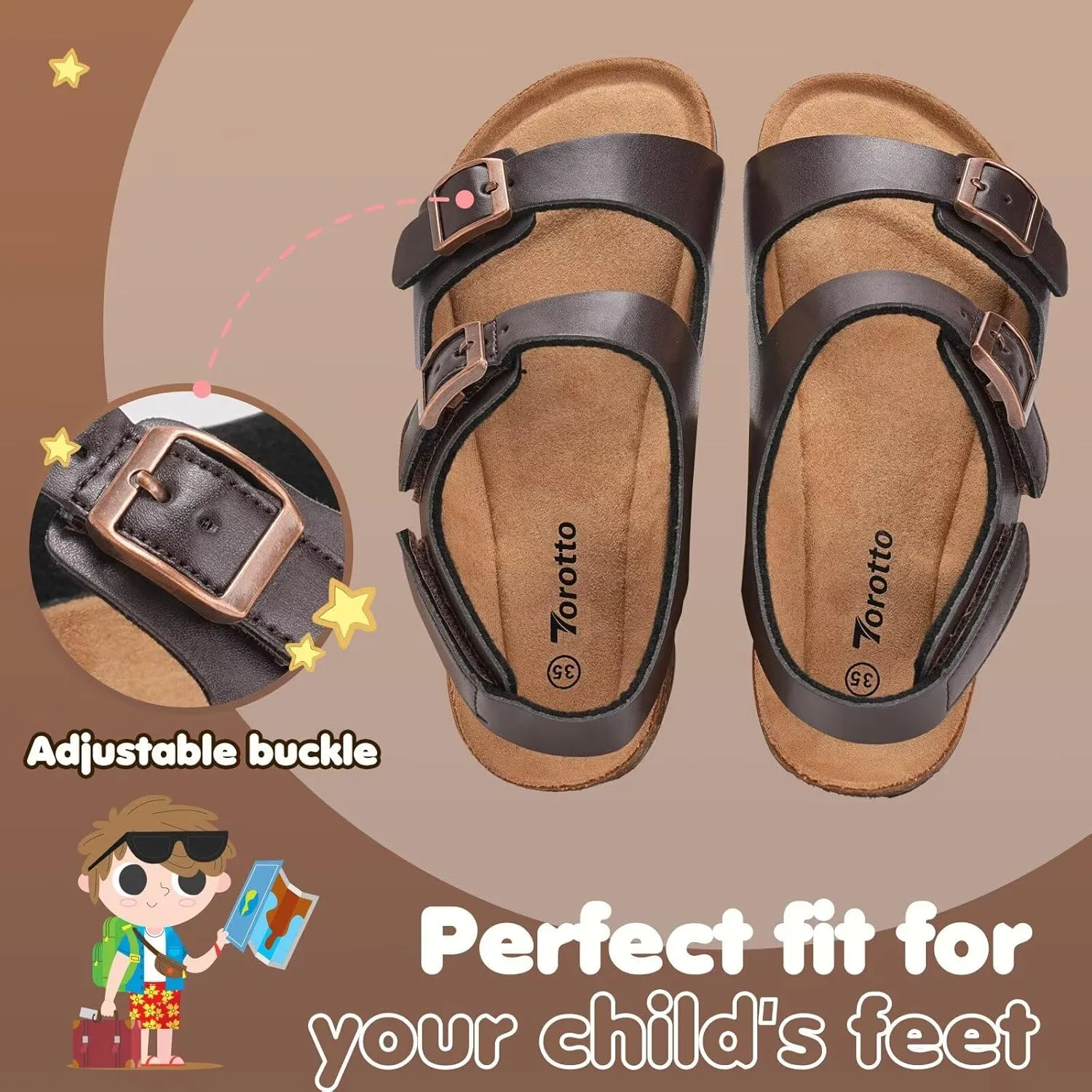 Torotto Toddler Kids Sandals Boys Girls Cork Footbed Sandals with Adjustable Buckle Casual Slides Open Toes Flat
