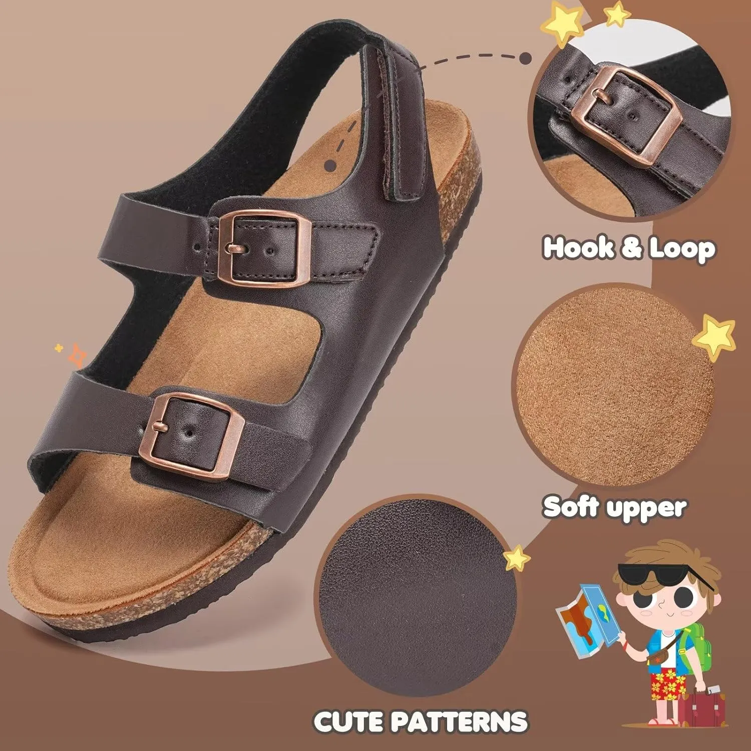 Torotto Toddler Kids Sandals Boys Girls Cork Footbed Sandals with Adjustable Buckle Casual Slides Open Toes Flat