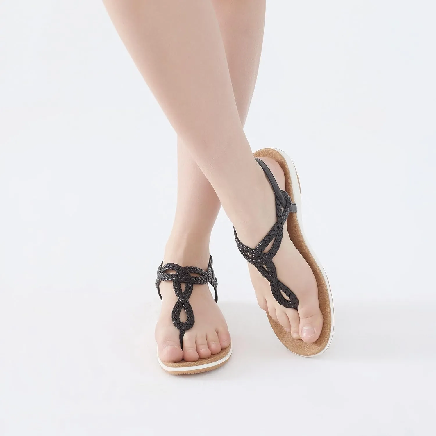 UBFEN Womens Flat Sandals Dress Braided T-Strap Thong Sandals with Arch Support Comfortable for Walking