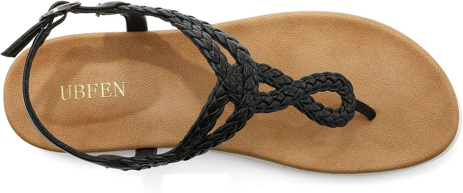 UBFEN Womens Flat Sandals Dress Braided T-Strap Thong Sandals with Arch Support Comfortable for Walking