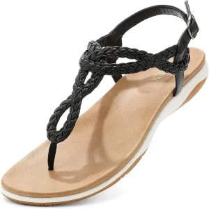UBFEN Womens Flat Sandals Dress Braided T-Strap Thong Sandals with Arch Support Comfortable for Walking