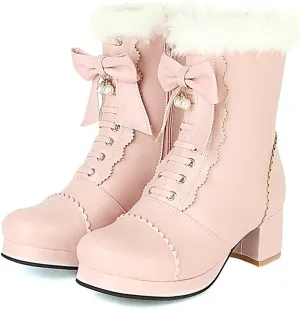 UniqueStride Women's Ankle Boots Platform Ankle Bootie with Chunky Block Heel Lace Up Faux Fur Winter Shoes