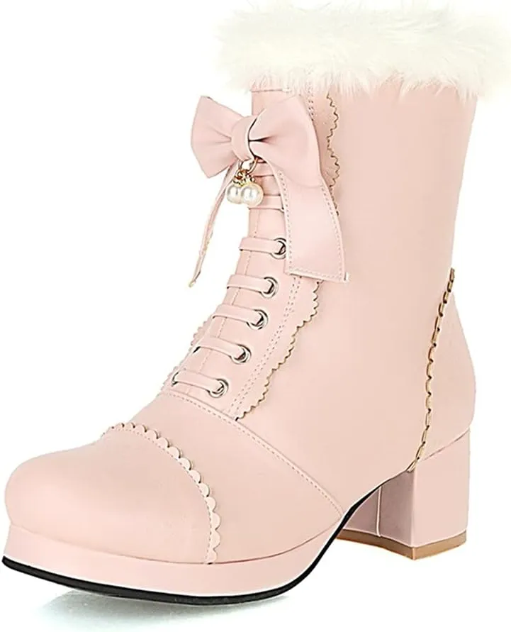UniqueStride Women's Ankle Boots Platform Ankle Bootie with Chunky Block Heel Lace Up Faux Fur Winter Shoes