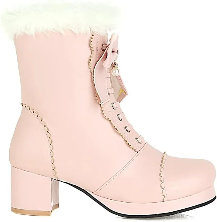 UniqueStride Women's Ankle Boots Platform Ankle Bootie with Chunky Block Heel Lace Up Faux Fur Winter Shoes