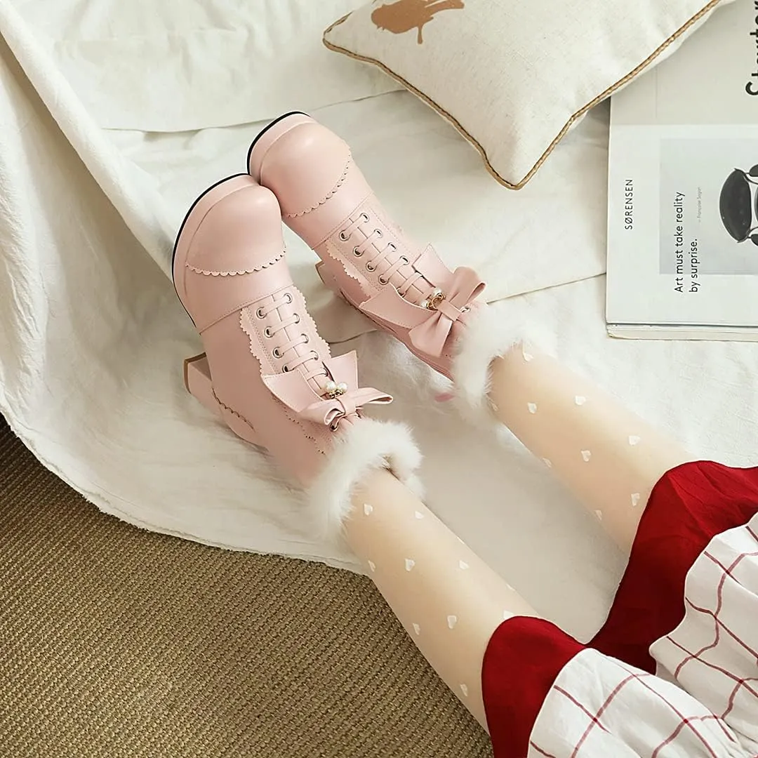 UniqueStride Women's Ankle Boots Platform Ankle Bootie with Chunky Block Heel Lace Up Faux Fur Winter Shoes