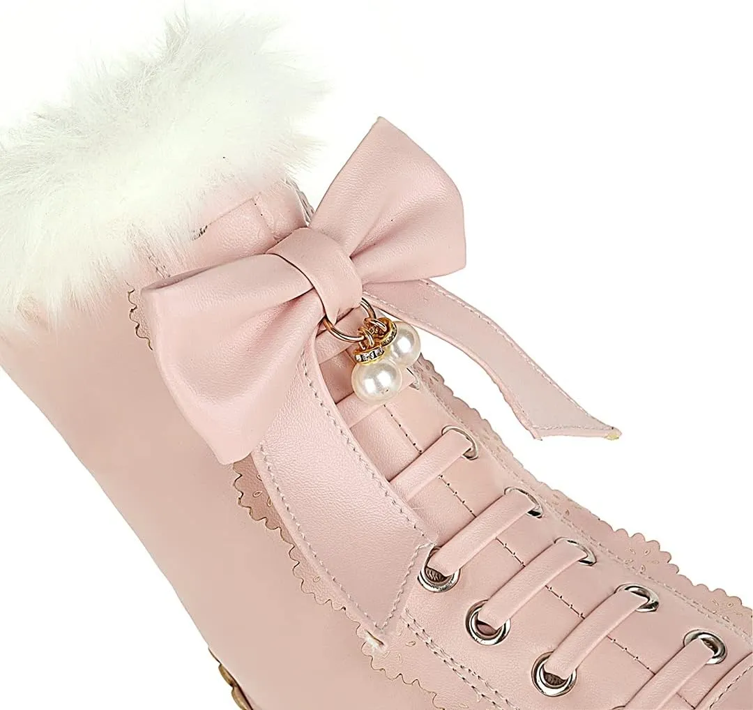 UniqueStride Women's Ankle Boots Platform Ankle Bootie with Chunky Block Heel Lace Up Faux Fur Winter Shoes