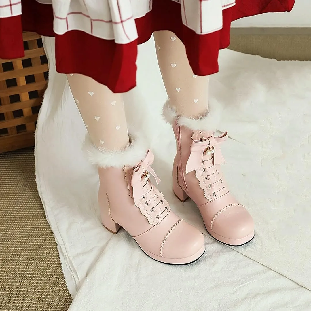UniqueStride Women's Ankle Boots Platform Ankle Bootie with Chunky Block Heel Lace Up Faux Fur Winter Shoes