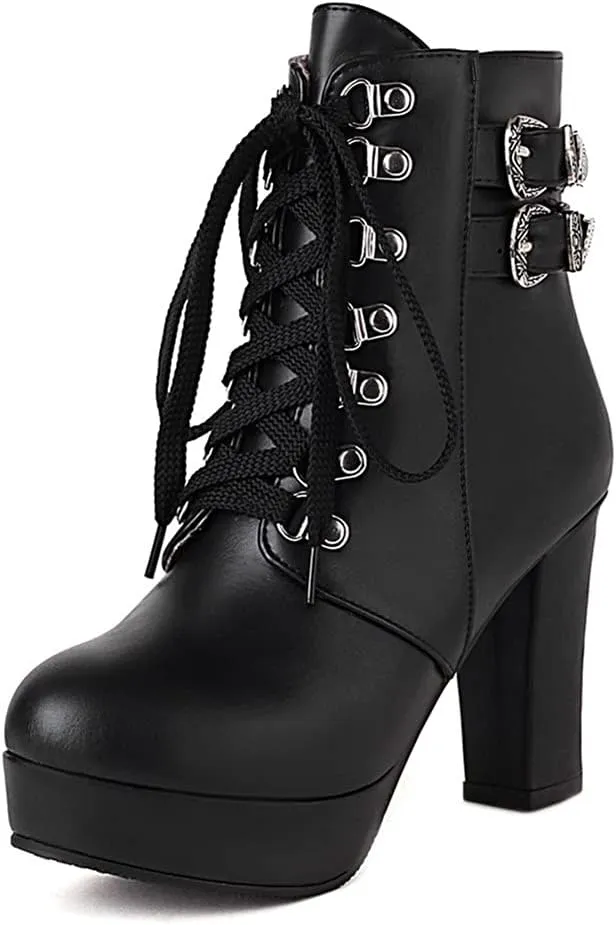 UniqueStride Women's Chunky Heel Ankle Boots Platform High Heel Platform Boots Buckle Lace Up Autumn Winter Booties