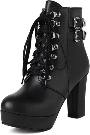UniqueStride Women's Chunky Heel Ankle Boots Platform High Heel Platform Boots Buckle Lace Up Autumn Winter Booties