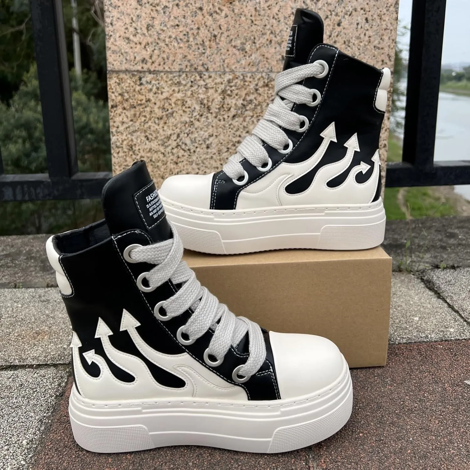 Unisex Platform Men and Women Sneakers Shoes Vintage Style High-top Thick Sole Lace-up with Zipper Tennis Shoes