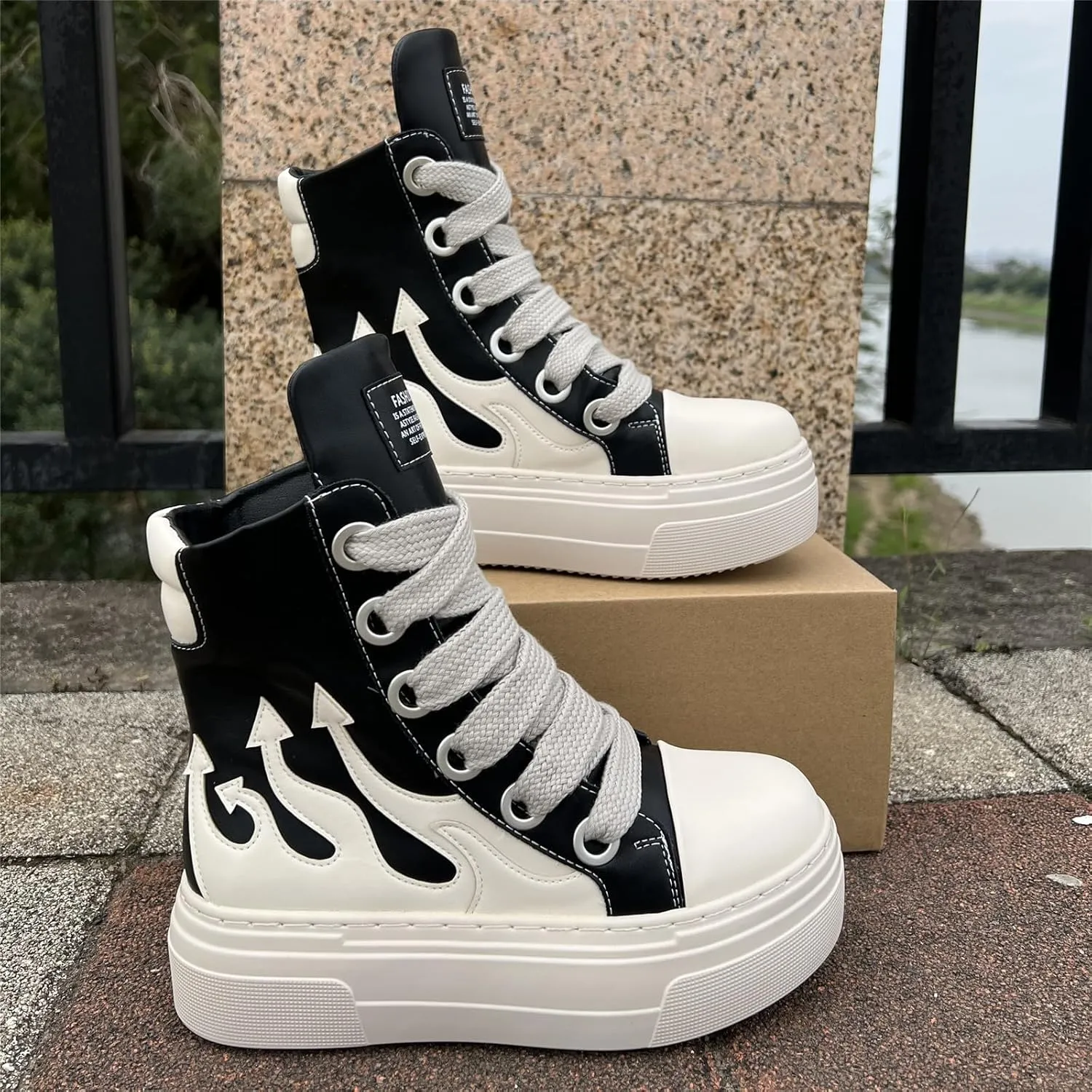 Unisex Platform Men and Women Sneakers Shoes Vintage Style High-top Thick Sole Lace-up with Zipper Tennis Shoes