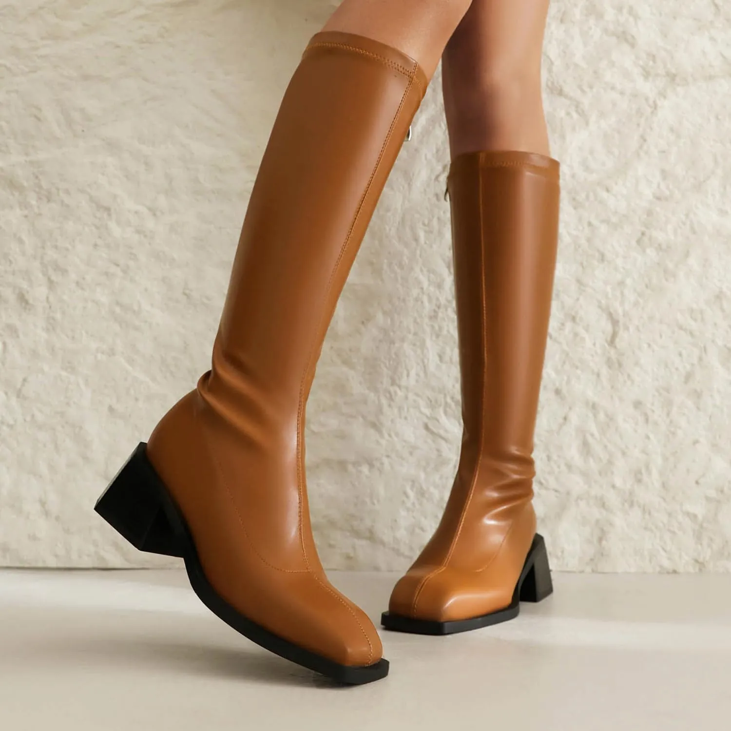 vivianly Women's Chunky Heel Knee high Boots Zipper Square Toe Platform Booties