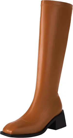 vivianly Women's Chunky Heel Knee high Boots Zipper Square Toe Platform Booties