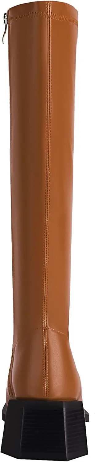 vivianly Women's Chunky Heel Knee high Boots Zipper Square Toe Platform Booties