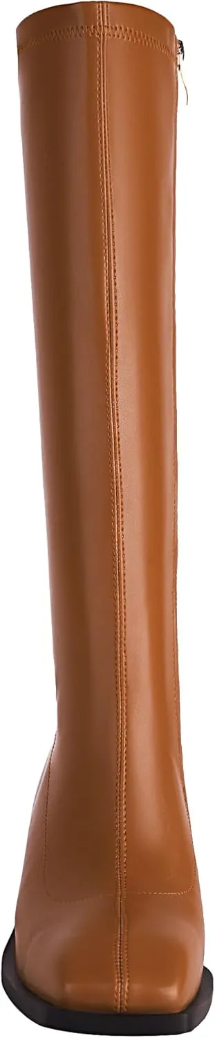 vivianly Women's Chunky Heel Knee high Boots Zipper Square Toe Platform Booties