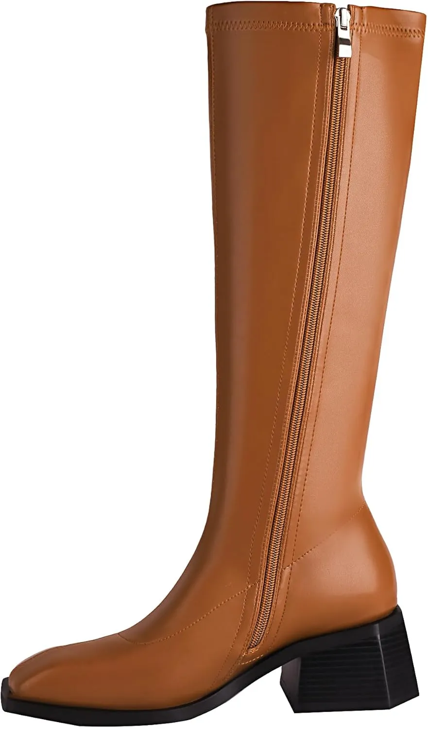 vivianly Women's Chunky Heel Knee high Boots Zipper Square Toe Platform Booties