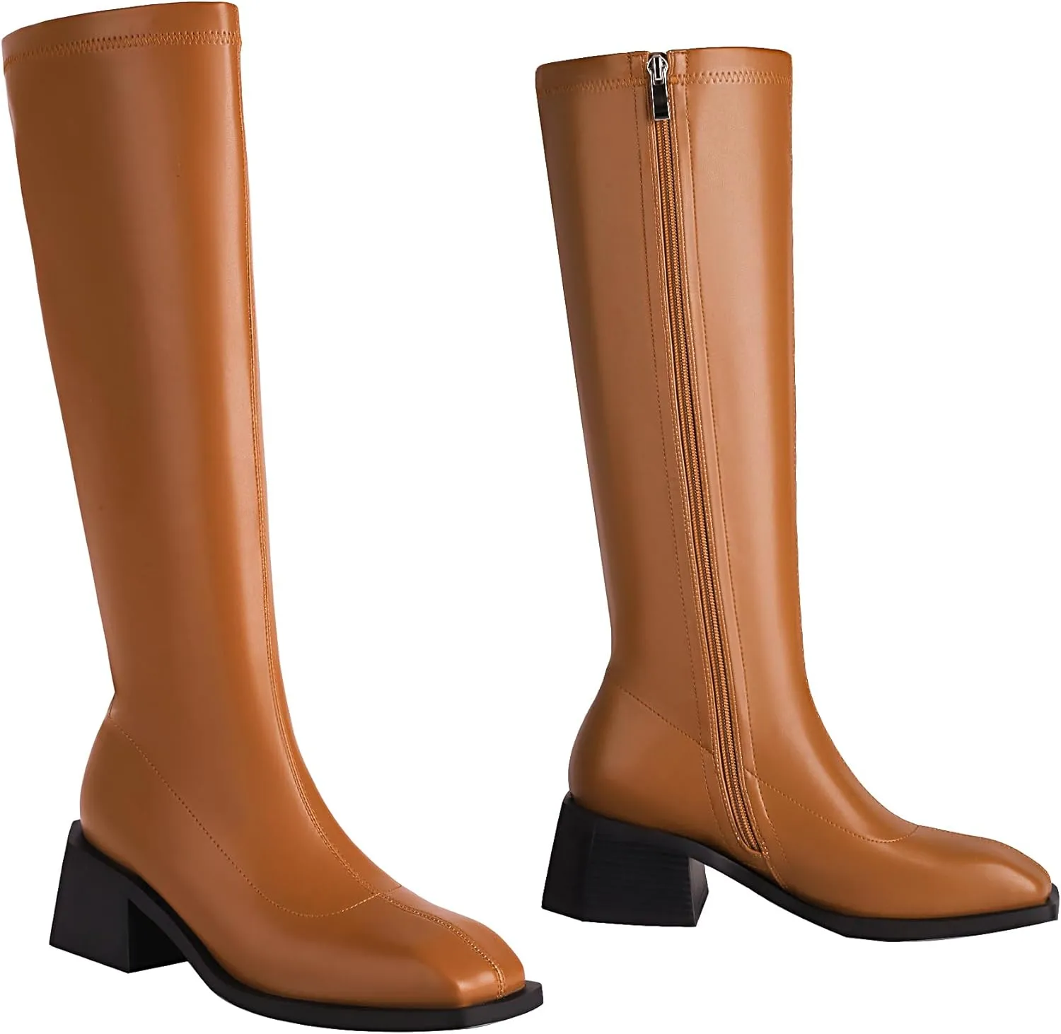 vivianly Women's Chunky Heel Knee high Boots Zipper Square Toe Platform Booties