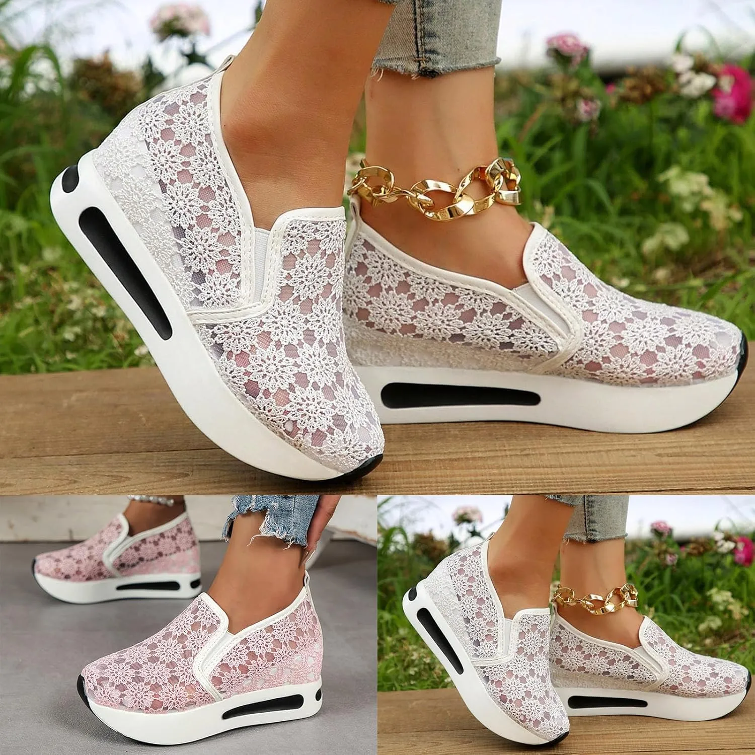 Wedge Floral Shoes Mesh Fashion Sneakers for Women Slip On Breathable Walking Shoes Women's Casual Embroidery Platform Sneakers Comfort Work Shoes High Heels Outdoor Travel Sports Shoes