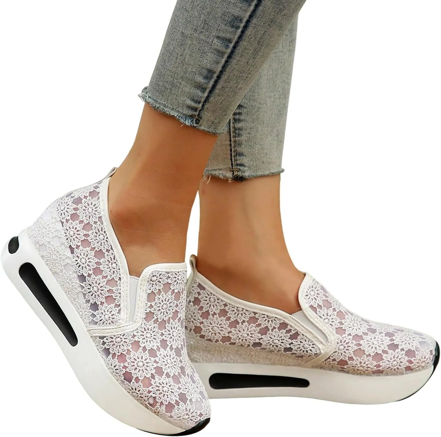 Wedge Floral Shoes Mesh Fashion Sneakers for Women Slip On Breathable Walking Shoes Women's Casual Embroidery Platform Sneakers Comfort Work Shoes High Heels Outdoor Travel Sports Shoes