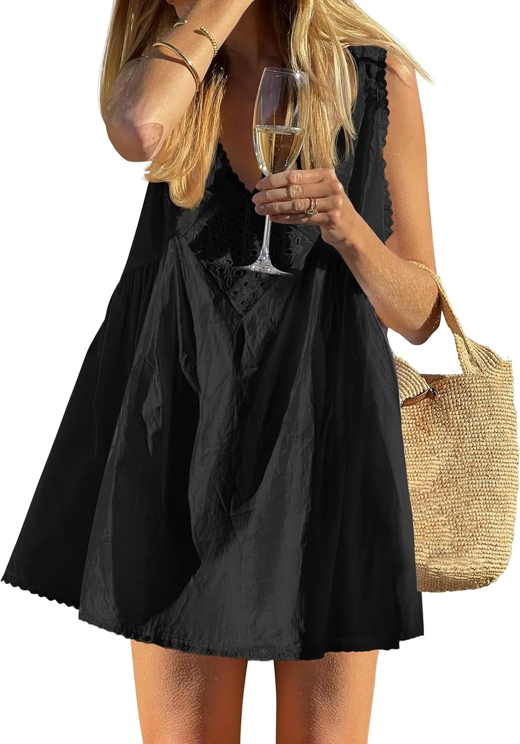 Wenrine Womens Summer Sleeveless Cotton Mini Dress Casual Loose Lace V Neck A Line Flowy Babydoll Dress