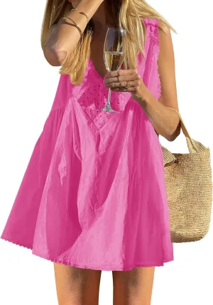 Wenrine Womens Summer Sleeveless Cotton Mini Dress Casual Loose Lace V Neck A Line Flowy Babydoll Dress