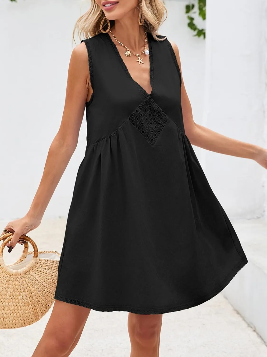 Wenrine Womens Summer Sleeveless Cotton Mini Dress Casual Loose Lace V Neck A Line Flowy Babydoll Dress