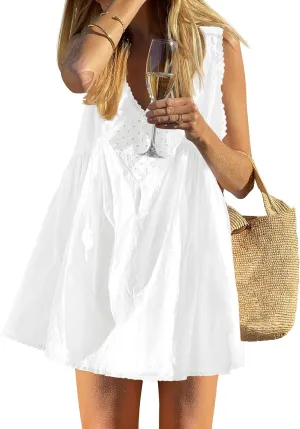 Wenrine Womens Summer Sleeveless Cotton Mini Dress Casual Loose Lace V Neck A Line Flowy Babydoll Dress