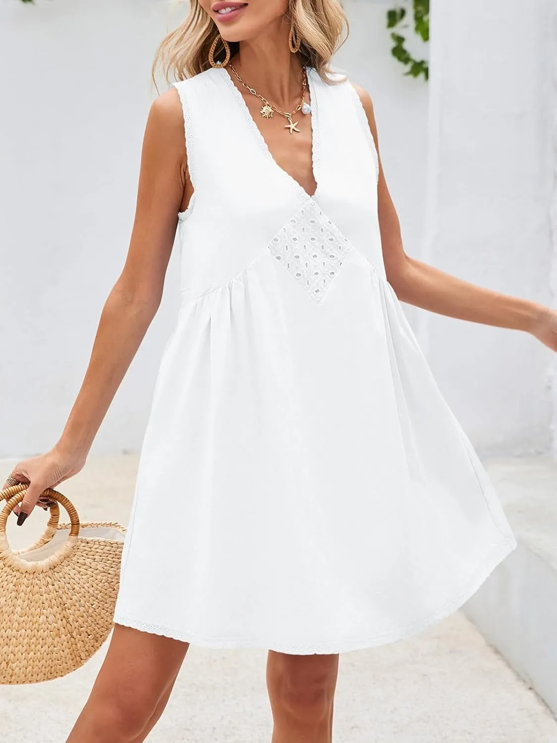 Wenrine Womens Summer Sleeveless Cotton Mini Dress Casual Loose Lace V Neck A Line Flowy Babydoll Dress