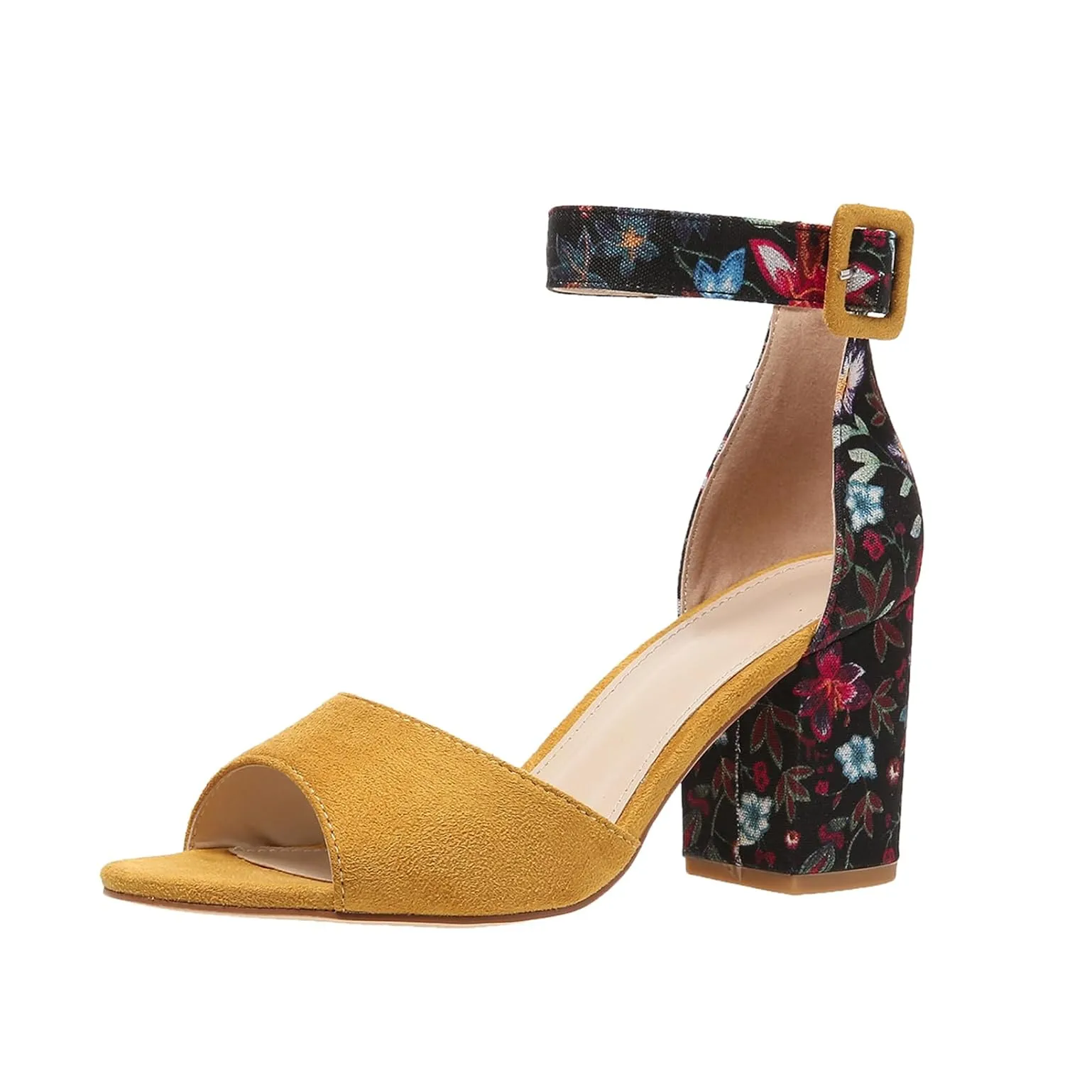 Women Floral Print Peep Toe Block High Heels Summer Sandals Ankle Strap Buckle Chunky Heel Sandals Party Bride Work Dress Shoes