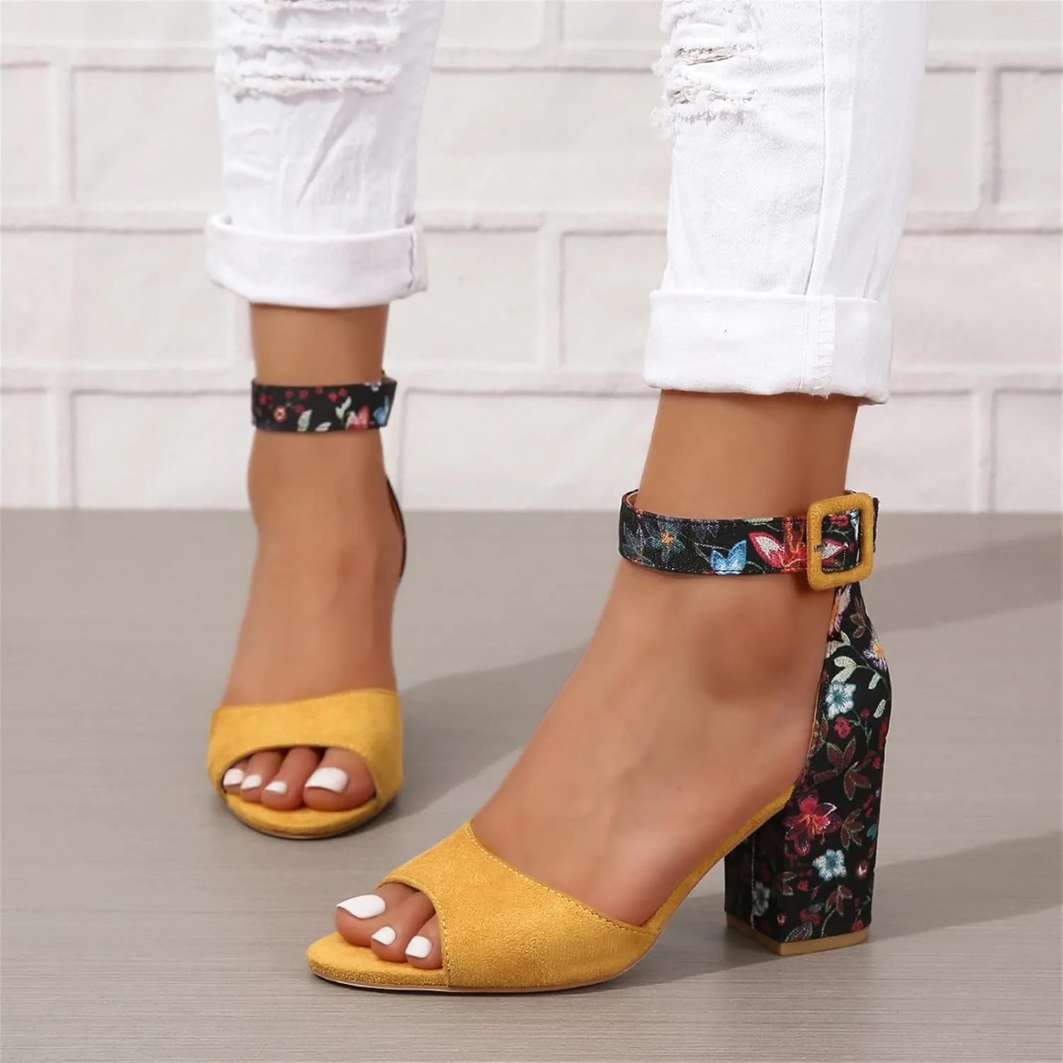Women Floral Print Peep Toe Block High Heels Summer Sandals Ankle Strap Buckle Chunky Heel Sandals Party Bride Work Dress Shoes