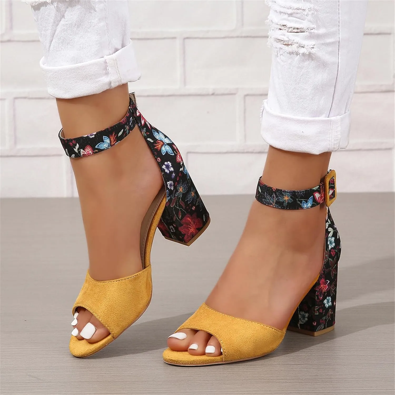 Women Floral Print Peep Toe Block High Heels Summer Sandals Ankle Strap Buckle Chunky Heel Sandals Party Bride Work Dress Shoes