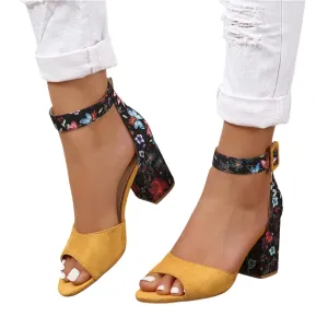 Women Floral Print Peep Toe Block High Heels Summer Sandals Ankle Strap Buckle Chunky Heel Sandals Party Bride Work Dress Shoes