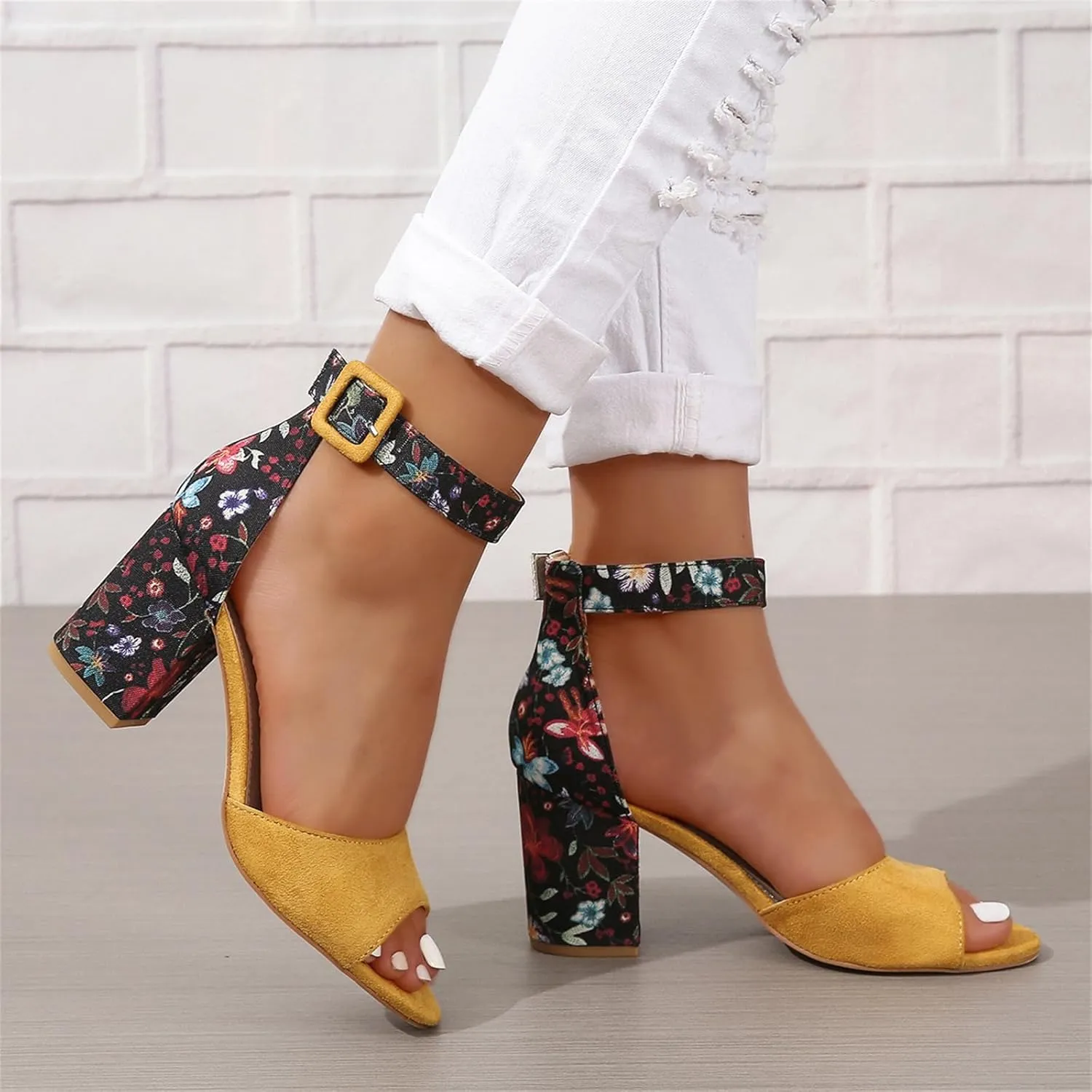 Women Floral Print Peep Toe Block High Heels Summer Sandals Ankle Strap Buckle Chunky Heel Sandals Party Bride Work Dress Shoes